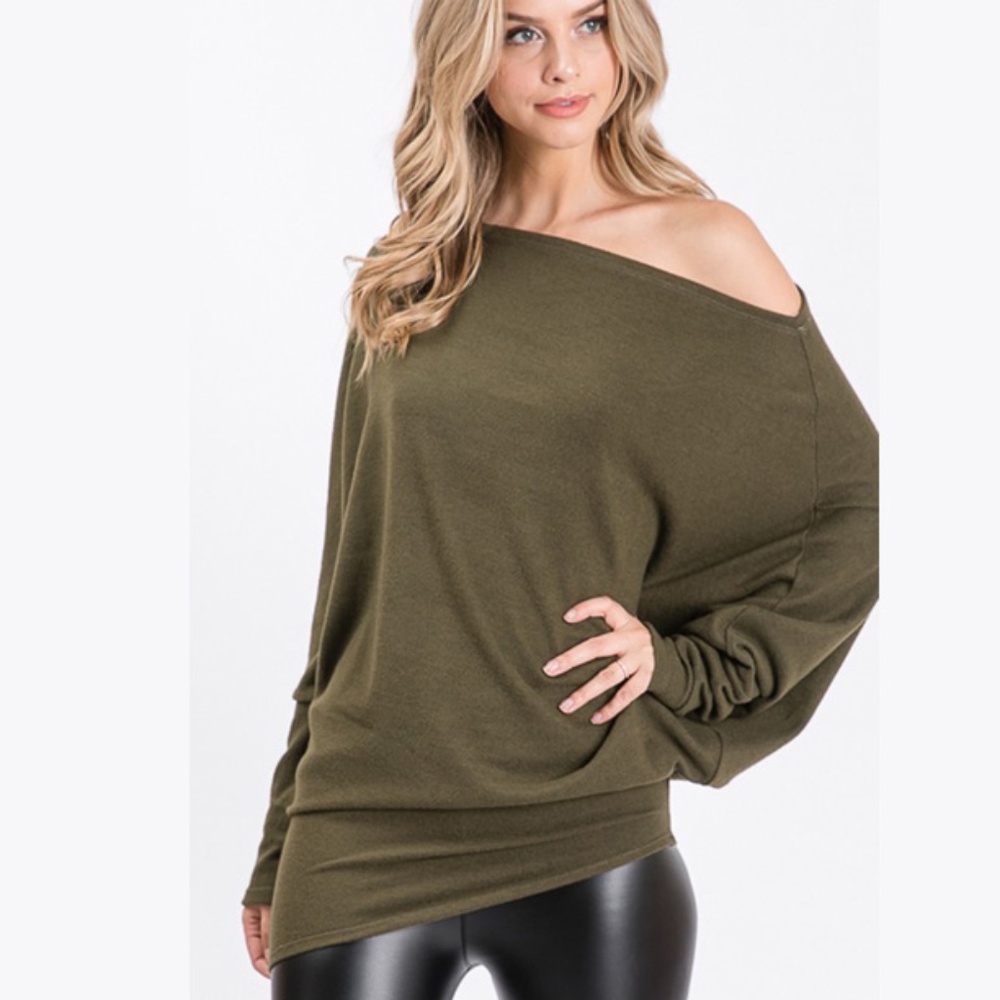 Olive Green Long Sleeve Top With One Shoulder